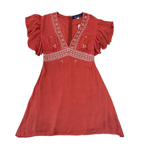 NWT Francesca's Blue Rain Rust Embroidered A-Line Rayon Dress - SIZE MEDIUM - Picture 1 of 7